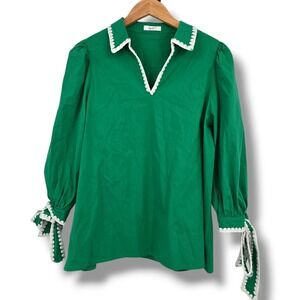 Sage Veil Womens Green Cotton Ric Rac Trim V-Neck Blouse with Tie Cuffs